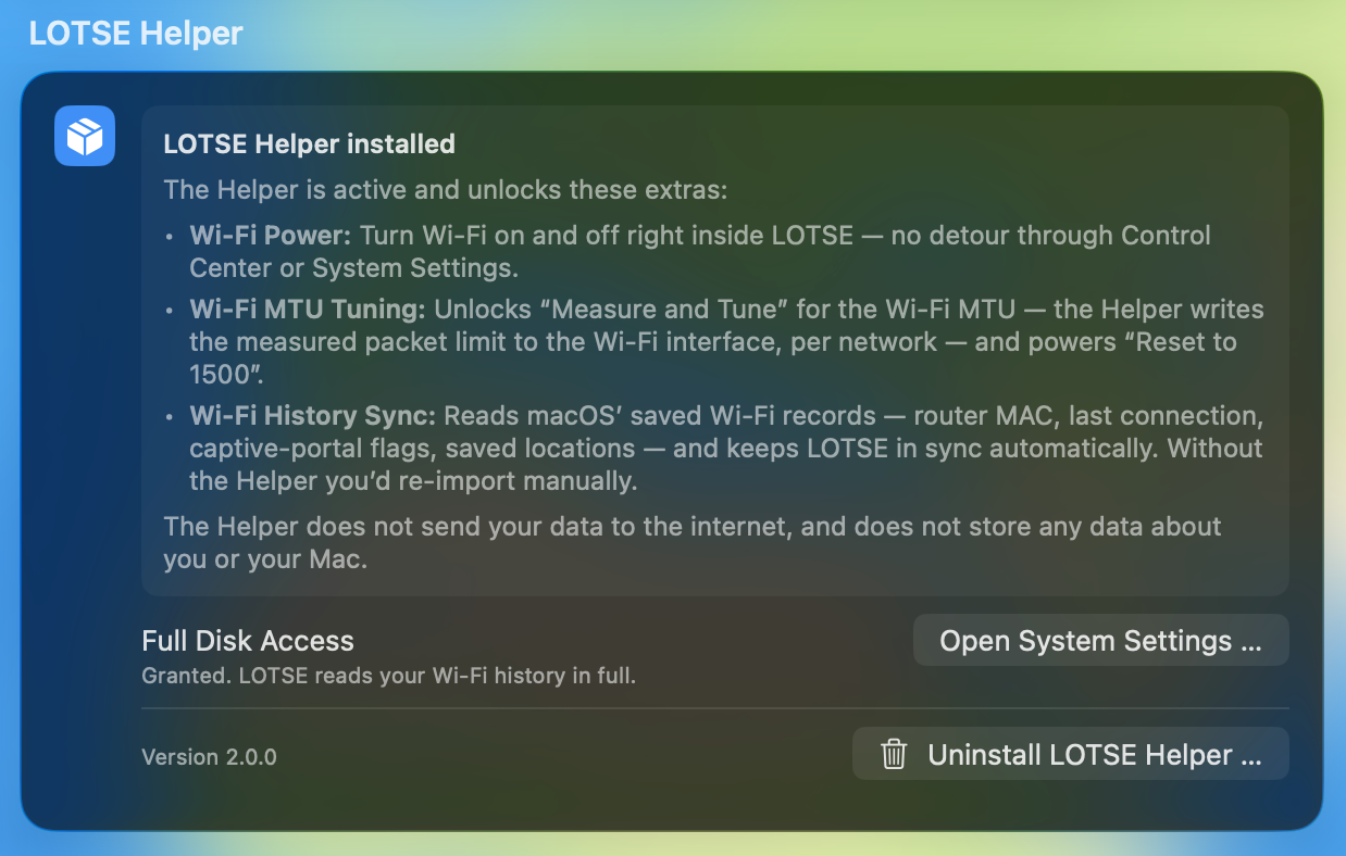 The LOTSE Helper card in LOTSE's General settings: a list of the unlocked features, the Full Disk Access status, the version number, and an Uninstall LOTSE Helper button.
